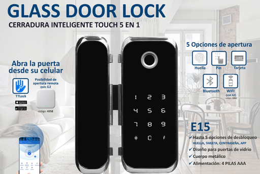 [E15] CERRADURA VIDRIO BLUETOOTH HUELLA +PIN+PROX+APP